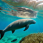 Dugong Encounter**

"A fully clothed woman snorkeling in the clear waters of Mozambique, observing a dugong peacefully grazing on seagrass, vibrant coral reef in the background, sunlight filtering through the water, safe for work, appropriate content, professional photography, perfect anatomy, natural proportions, well-formed hands, proper finger count, family-friendly, modest swimwear."

**