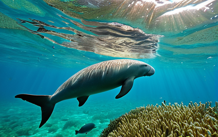 Dugong Encounter**
"A fully clothed woman snorkeling in the clear waters of Mozambique, observing a dugong peacefully grazing on seagrass, vibrant coral reef in the background, sunlight filtering through the water, safe for work, appropriate content, professional photography, perfect anatomy, natural proportions, well-formed hands, proper finger count, family-friendly, modest swimwear."
**